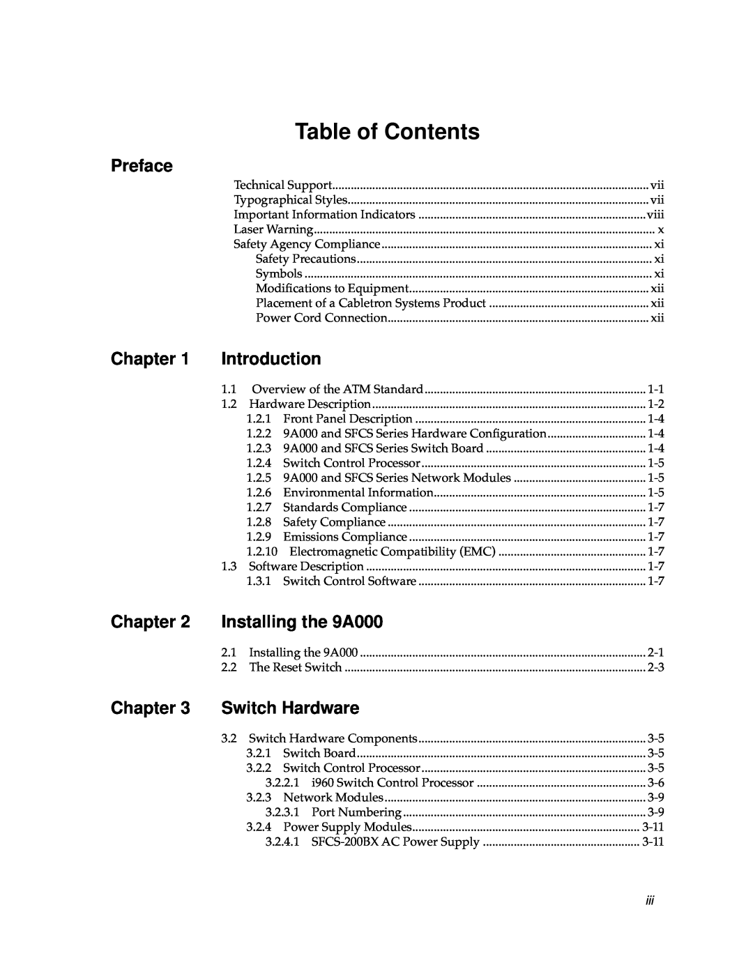 Cabletron Systems manual Table of Contents, Preface, Chapter, Introduction, Installing the 9A000, Switch Hardware 
