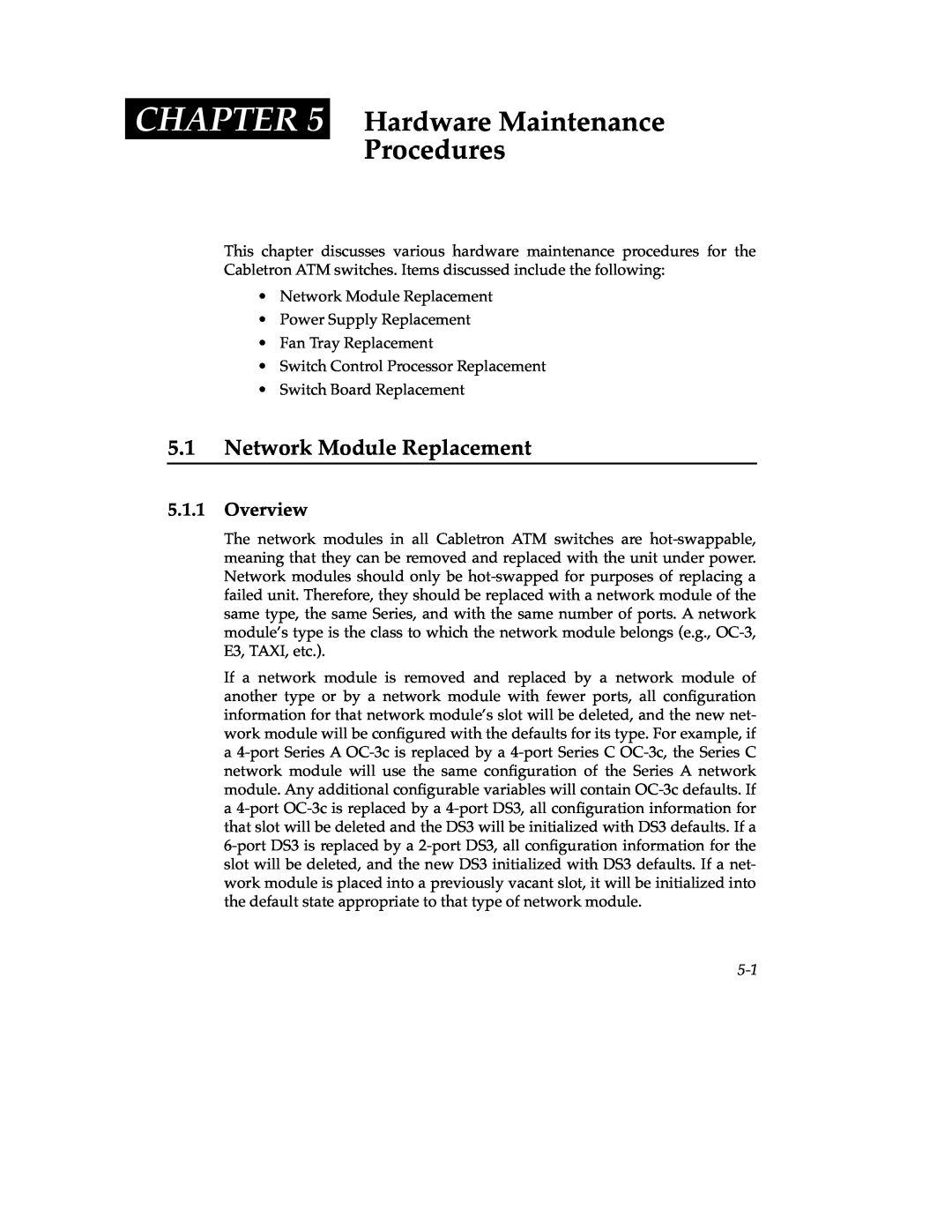 Cabletron Systems 9A000 manual Hardware Maintenance Procedures, Network Module Replacement, Overview, Chapter 