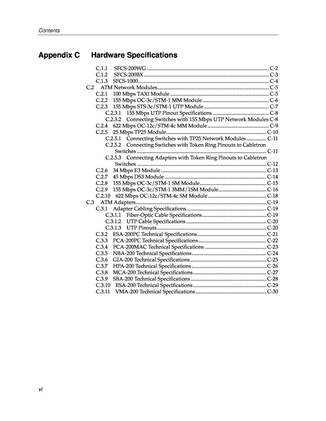 Cabletron Systems 9A000 manual Appendix C, Hardware Speciﬁcations, Contents 