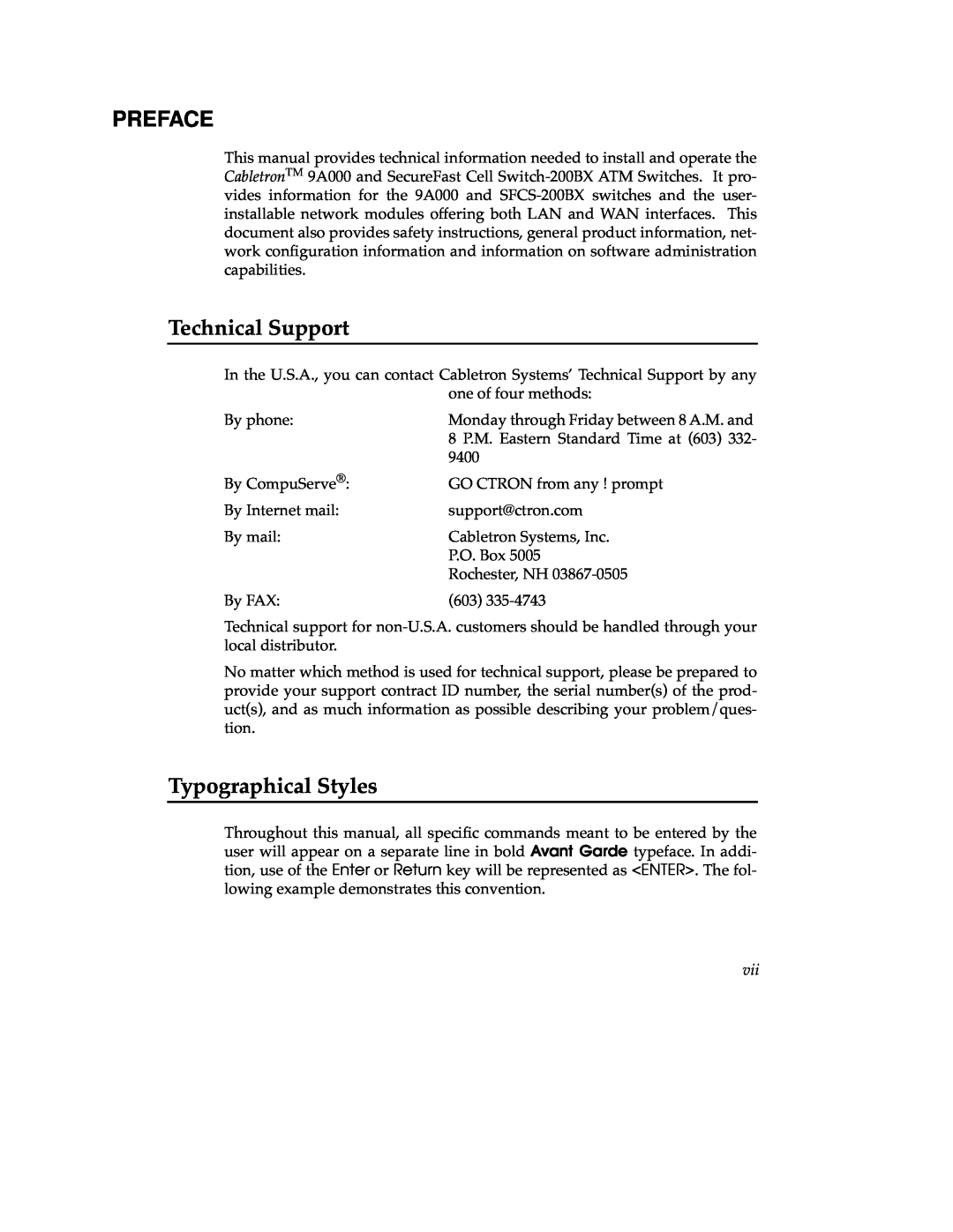 Cabletron Systems 9A000 manual Preface, Technical Support, Typographical Styles 