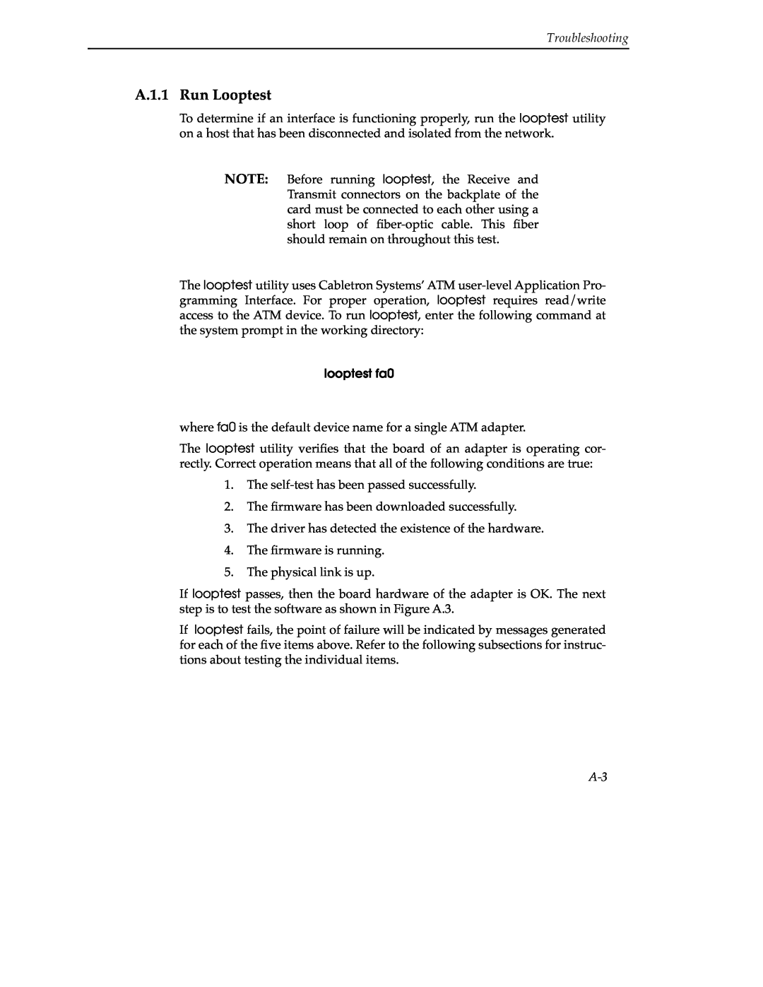 Cabletron Systems 9A000 manual A.1.1 Run Looptest, Troubleshooting 