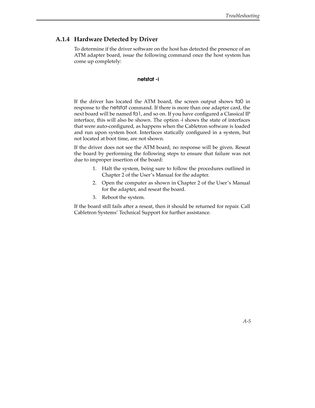 Cabletron Systems 9A000 manual Hardware Detected by Driver, Netstat 