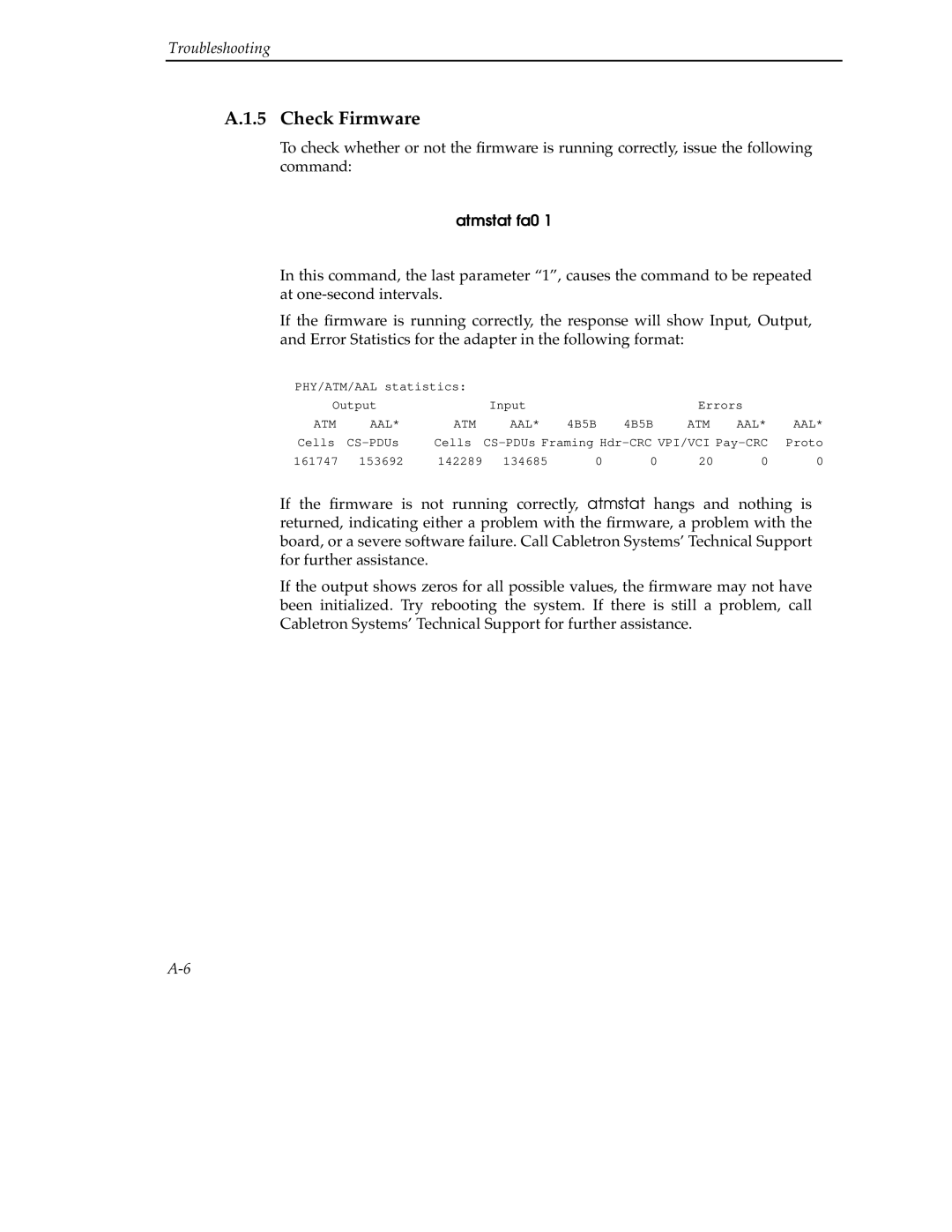 Cabletron Systems 9A000 manual Check Firmware, Atmstat fa0 