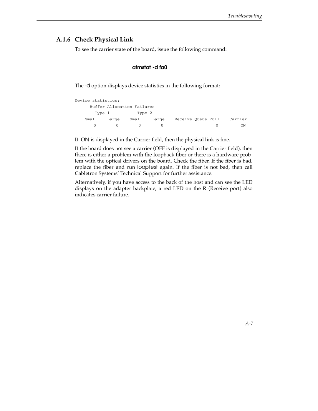 Cabletron Systems 9A000 manual Check Physical Link, Atmstat -d fa0 