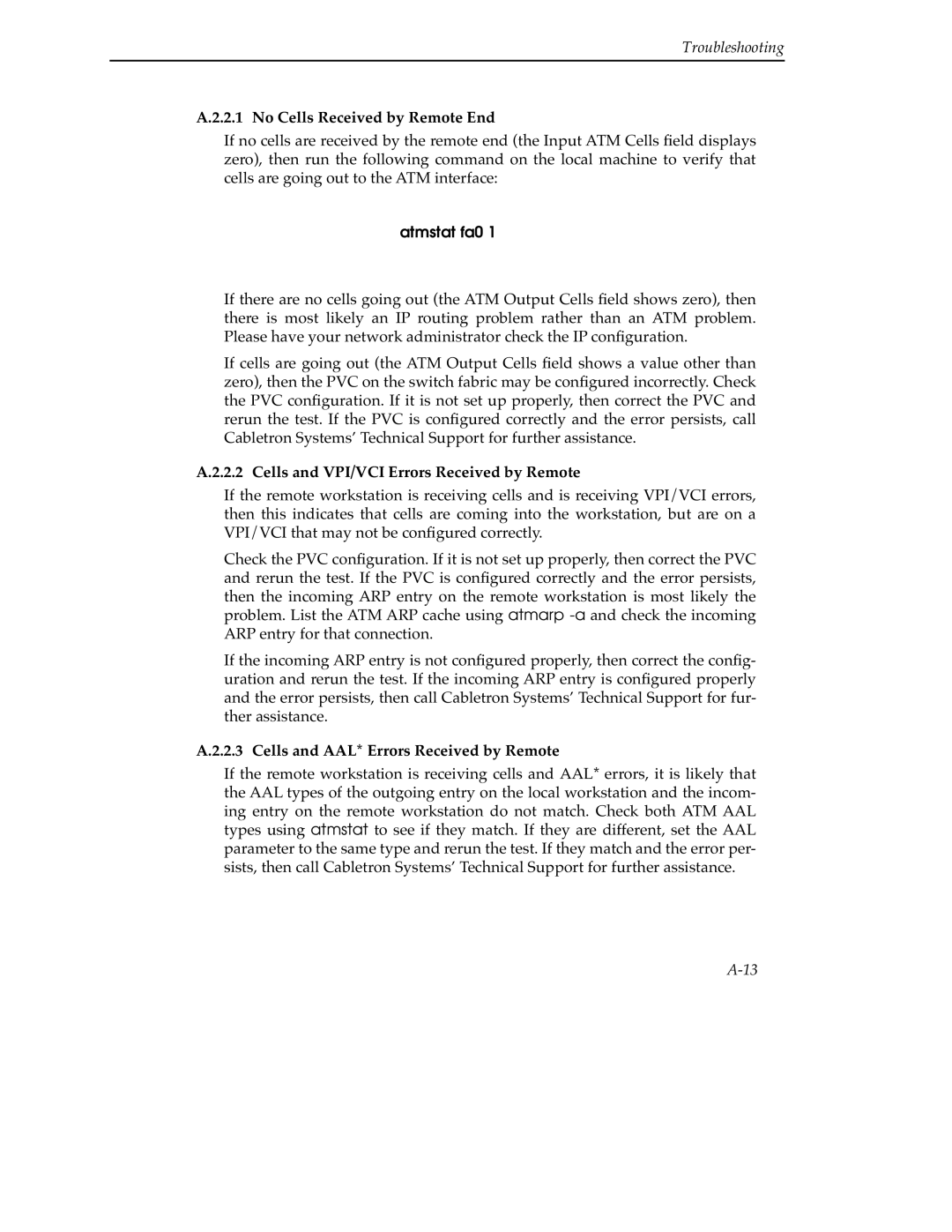 Cabletron Systems 9A000 manual No Cells Received by Remote End, Cells and VPI/VCI Errors Received by Remote 