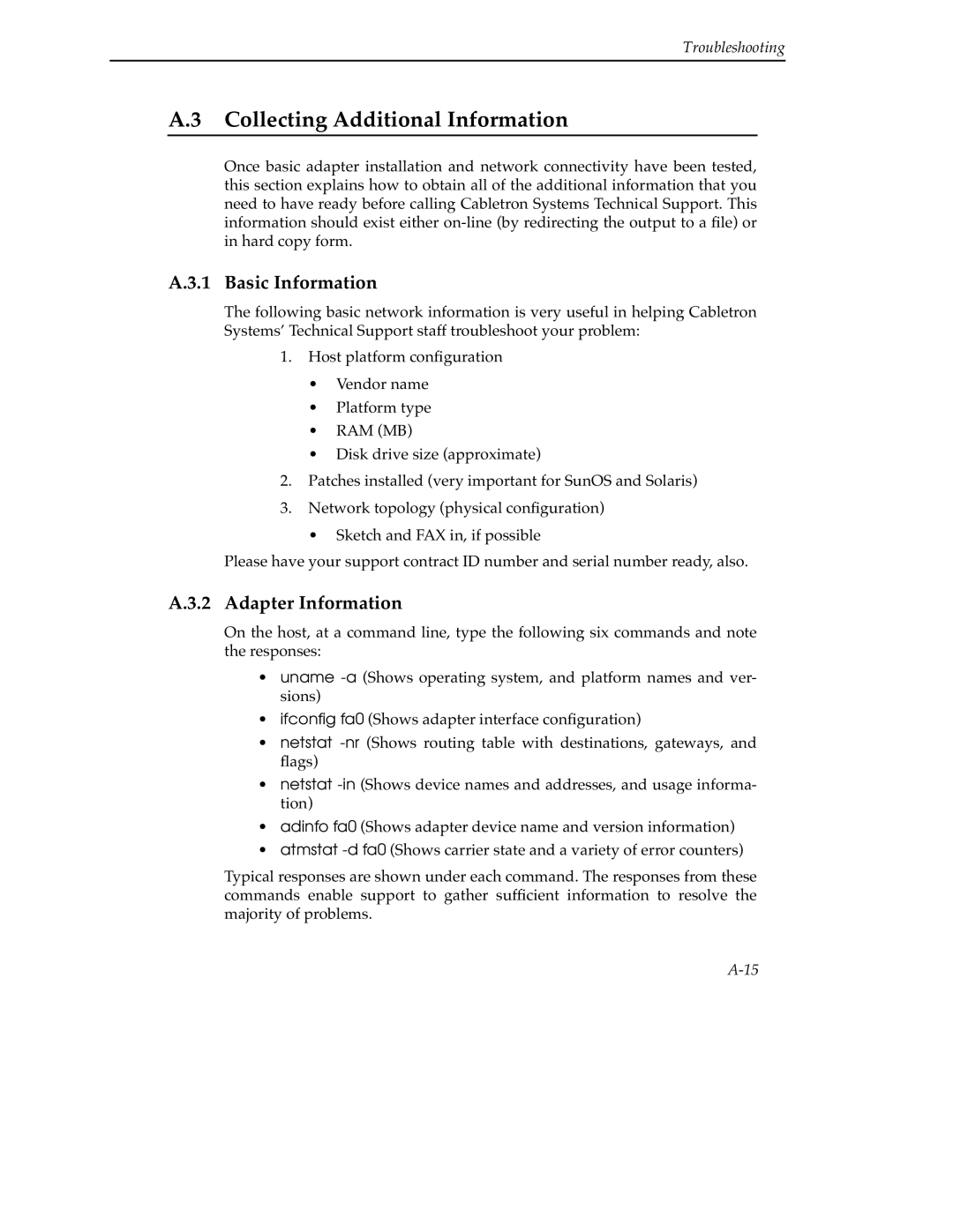 Cabletron Systems 9A000 manual Collecting Additional Information, Basic Information, Adapter Information 