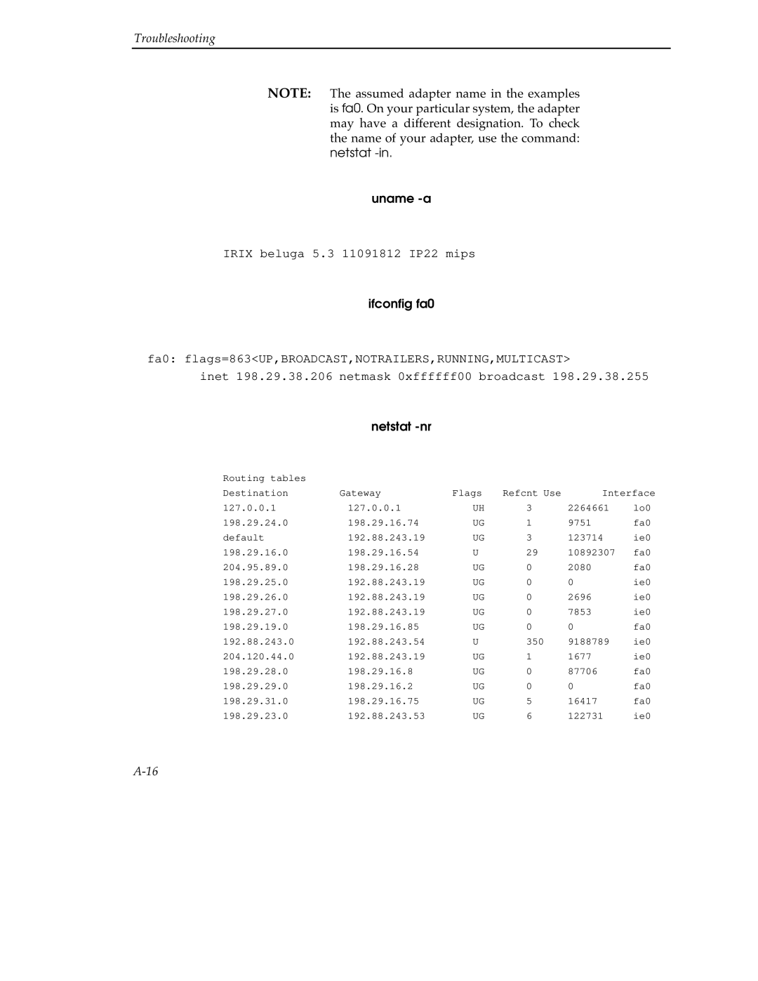 Cabletron Systems 9A000 manual Uname -a, Ifconﬁg fa0, Netstat -nr 