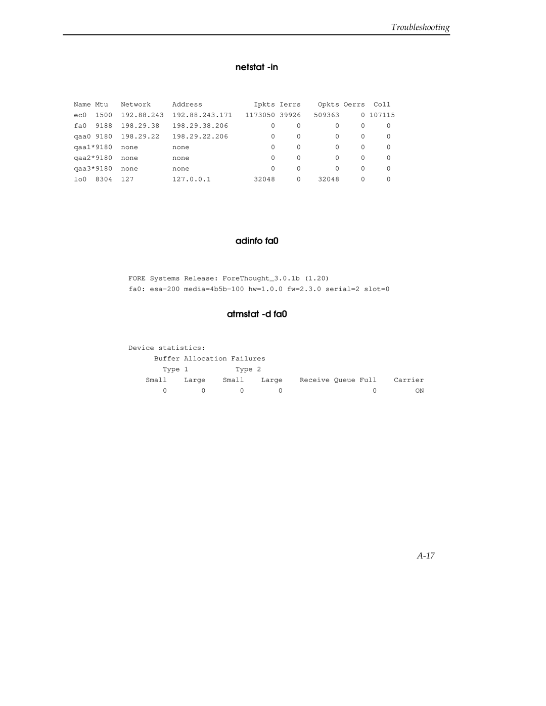 Cabletron Systems 9A000 manual Netstat -in, Adinfo fa0 