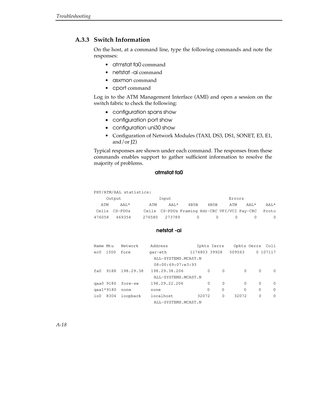 Cabletron Systems 9A000 manual Switch Information, Atmstat fa0 command Netstat -ai command Asxmon command 