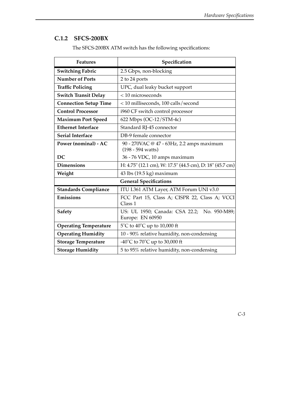 Cabletron Systems 9A000 manual SFCS-200BX, Power nominal AC 