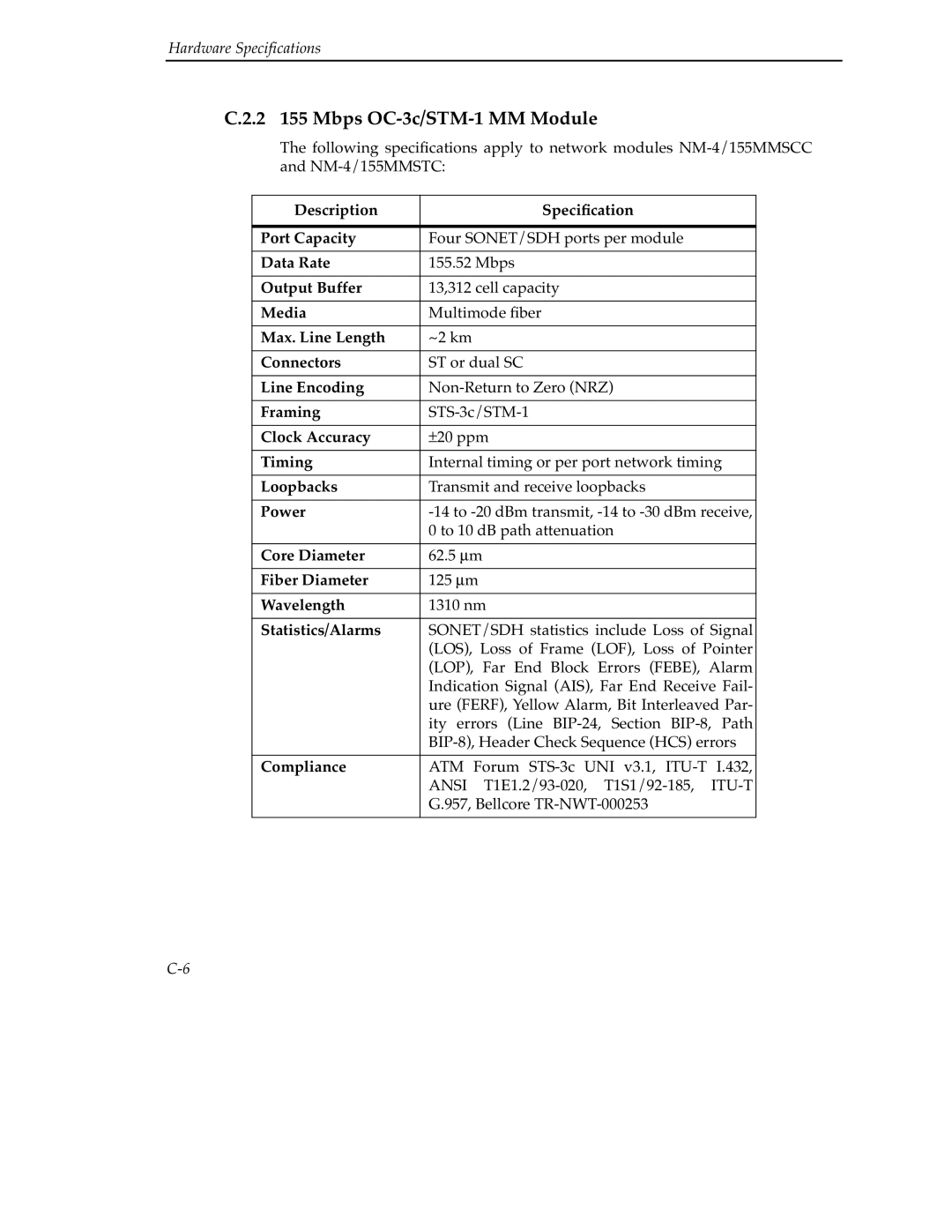 Cabletron Systems 9A000 manual 2 155 Mbps OC-3c/STM-1 MM Module, Framing, Clock Accuracy, Timing, Statistics/Alarms 