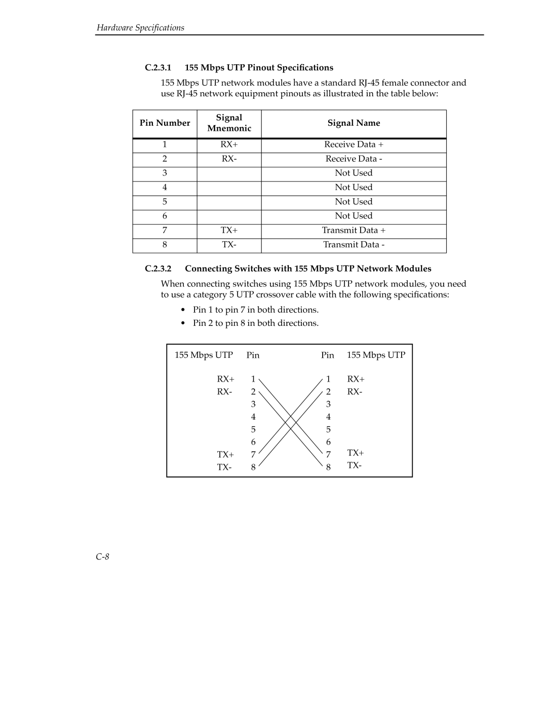 Cabletron Systems 9A000 manual 3.1 155 Mbps UTP Pinout Speciﬁcations, Connecting Switches with 155 Mbps UTP Network Modules 