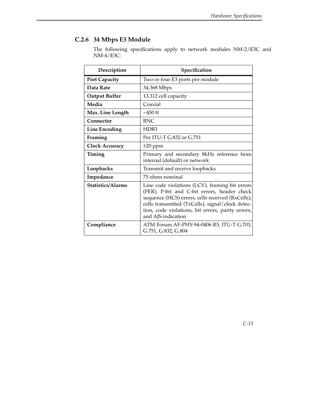 Cabletron Systems 9A000 manual 6 34 Mbps E3 Module, Description Speciﬁcation Port Capacity 