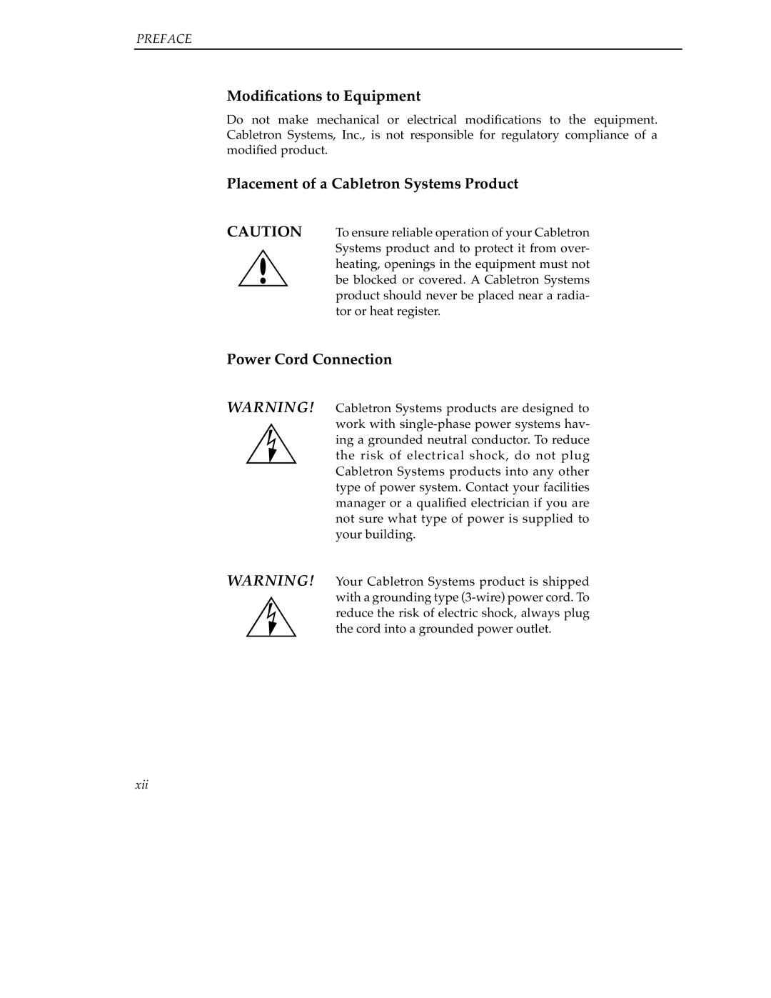 Cabletron Systems 9A000 manual Modiﬁcations to Equipment, Placement of a Cabletron Systems Product, Power Cord Connection 