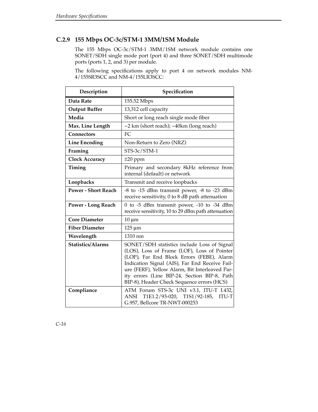 Cabletron Systems 9A000 manual 9 155 Mbps OC-3c/STM-1 3MM/1SM Module, Description Speciﬁcation Data Rate 