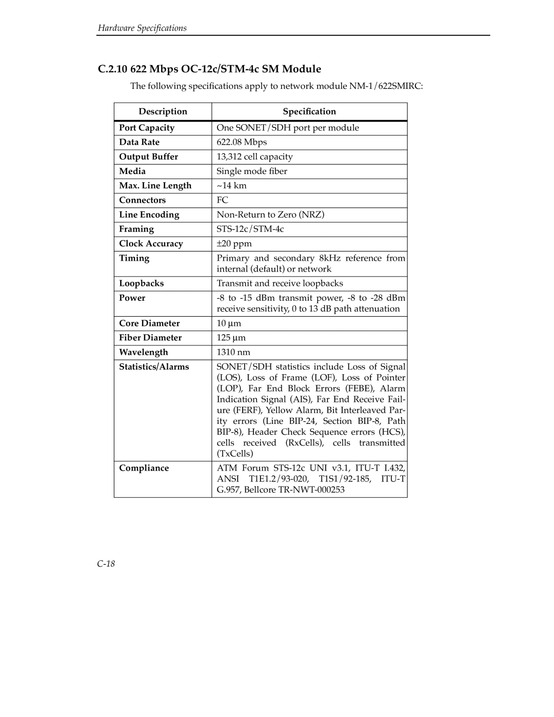 Cabletron Systems 9A000 manual 10 622 Mbps OC-12c/STM-4c SM Module, Description Speciﬁcation Port Capacity 