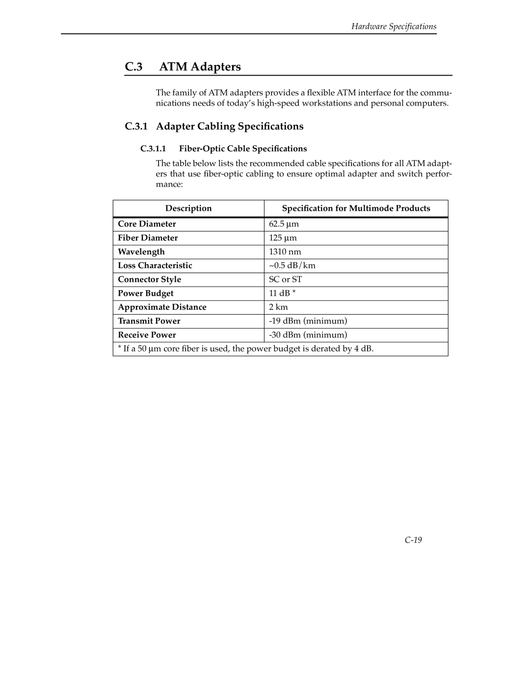 Cabletron Systems 9A000 manual ATM Adapters, Adapter Cabling Speciﬁcations, Fiber-Optic Cable Speciﬁcations 