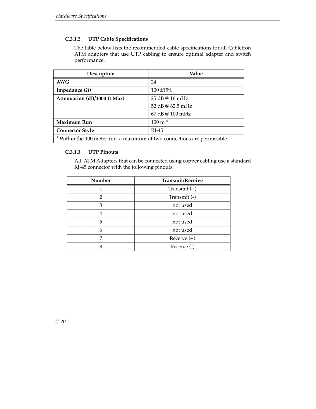 Cabletron Systems 9A000 manual UTP Cable Speciﬁcations, Description Value, UTP Pinouts, Number Transmit/Receive 