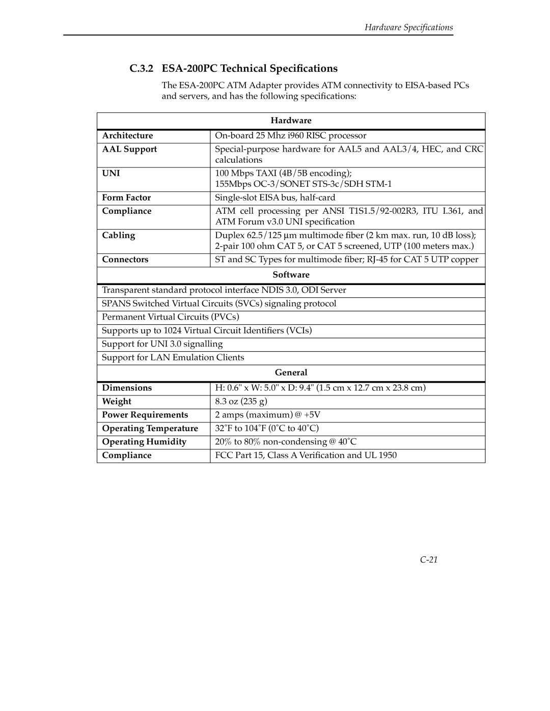 Cabletron Systems 9A000 manual ESA-200PC Technical Speciﬁcations 