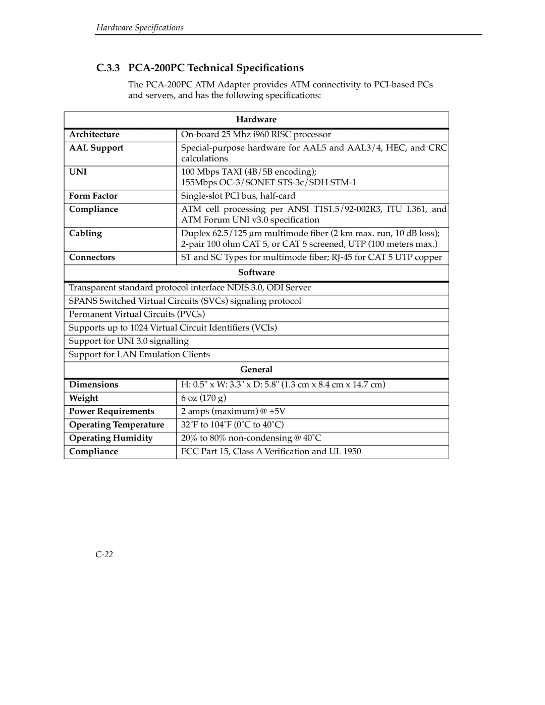 Cabletron Systems 9A000 manual PCA-200PC Technical Speciﬁcations 