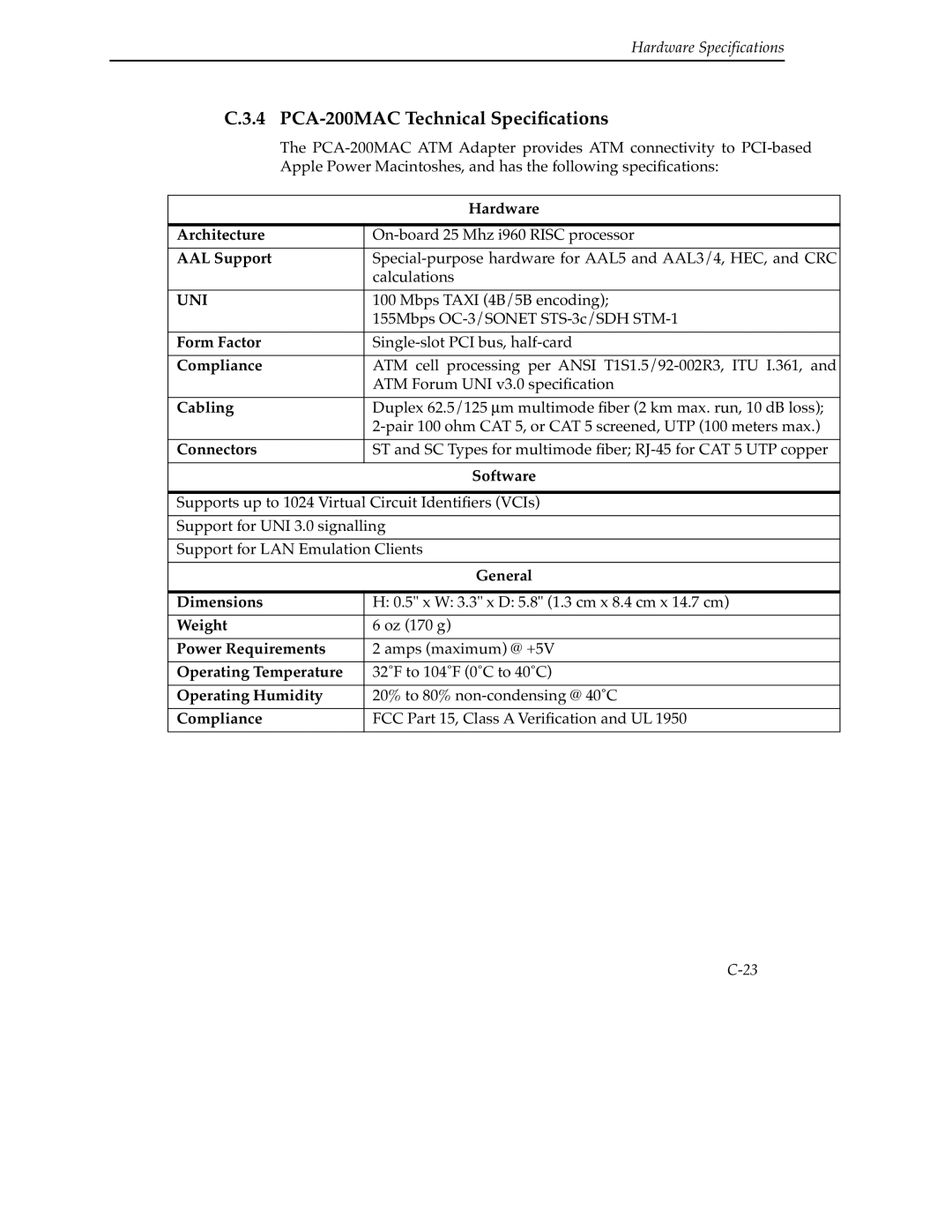 Cabletron Systems 9A000 manual PCA-200MAC Technical Speciﬁcations 