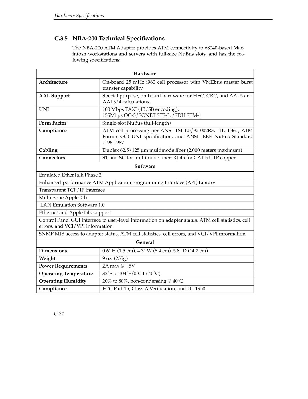 Cabletron Systems 9A000 manual NBA-200 Technical Speciﬁcations 