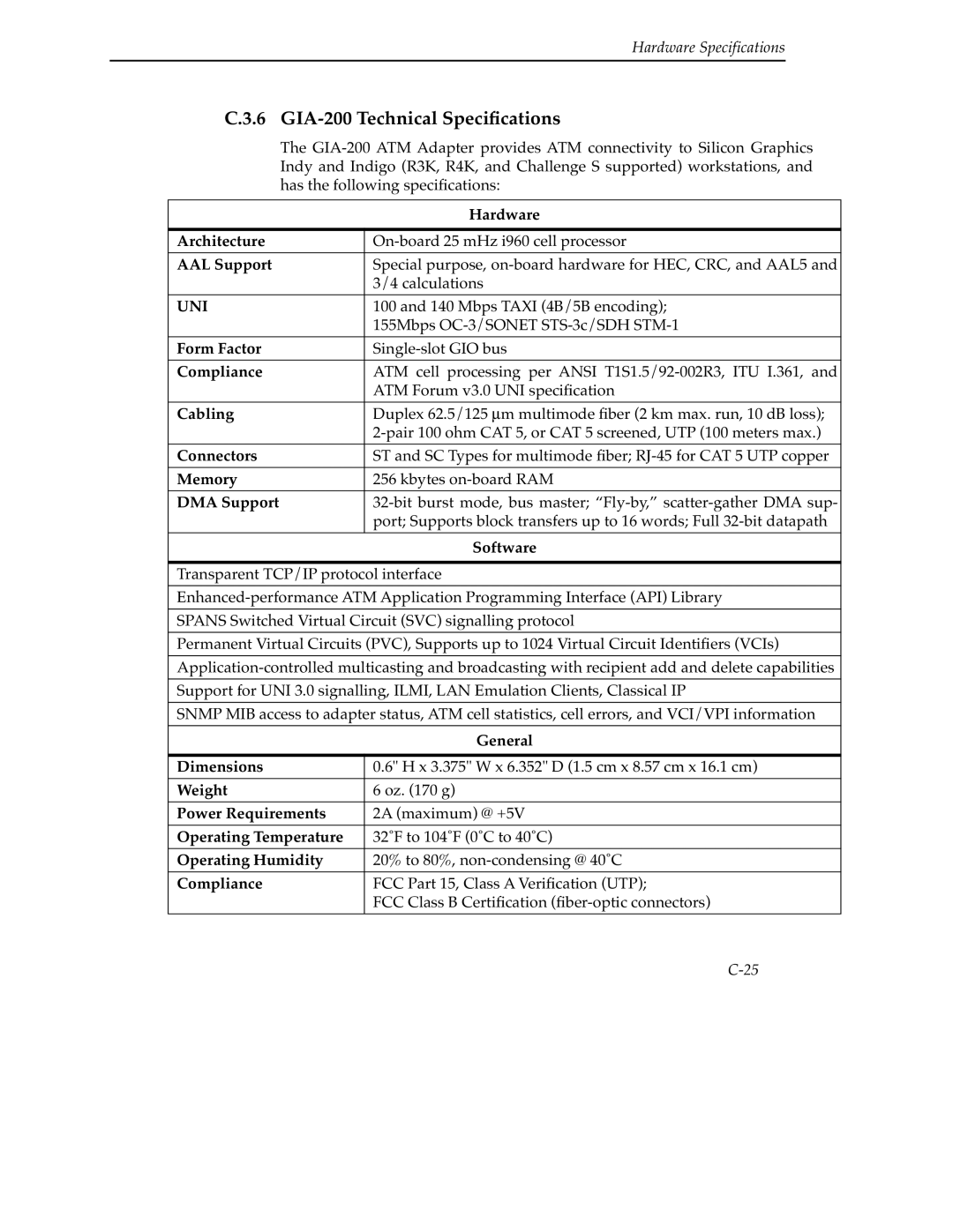 Cabletron Systems 9A000 manual GIA-200 Technical Speciﬁcations, Memory, DMA Support 