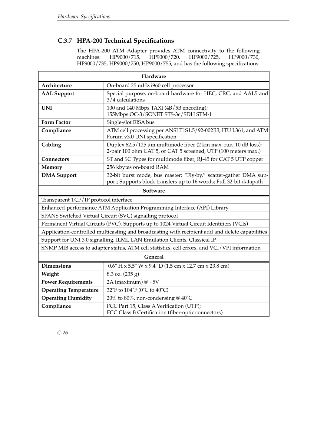 Cabletron Systems 9A000 manual HPA-200 Technical Speciﬁcations 