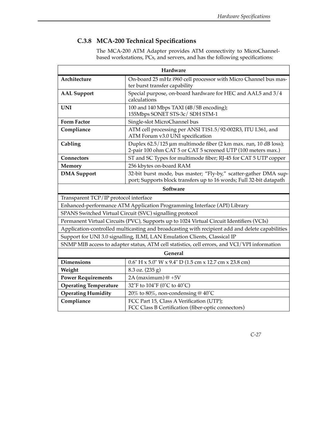 Cabletron Systems 9A000 manual MCA-200 Technical Speciﬁcations 