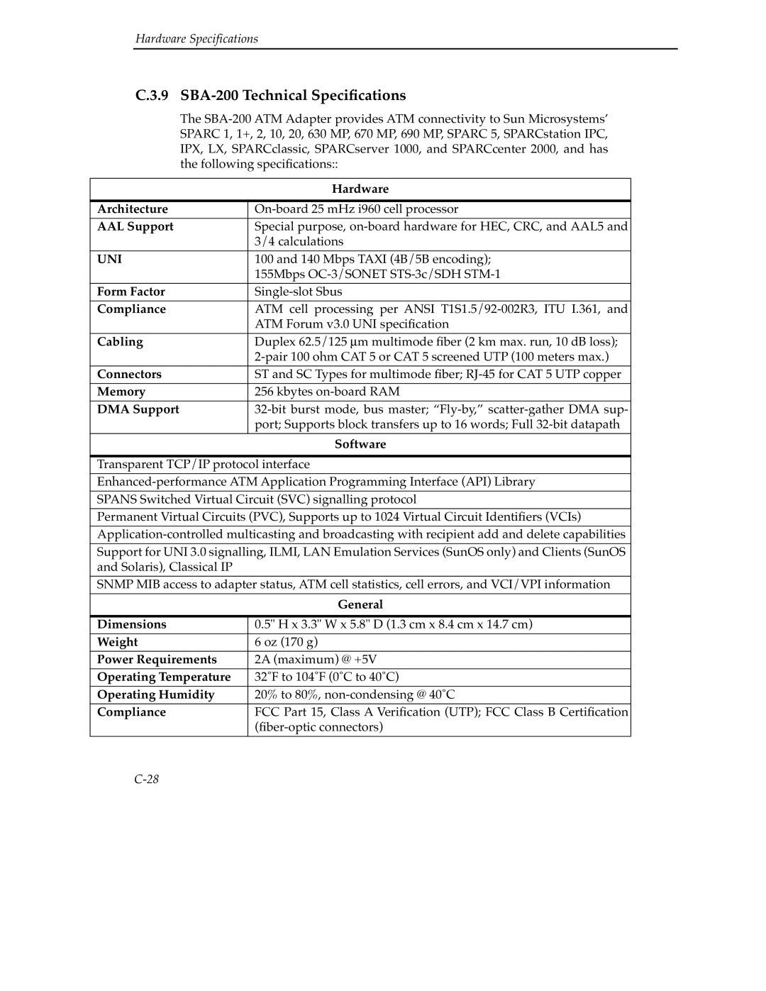 Cabletron Systems 9A000 manual SBA-200 Technical Speciﬁcations 