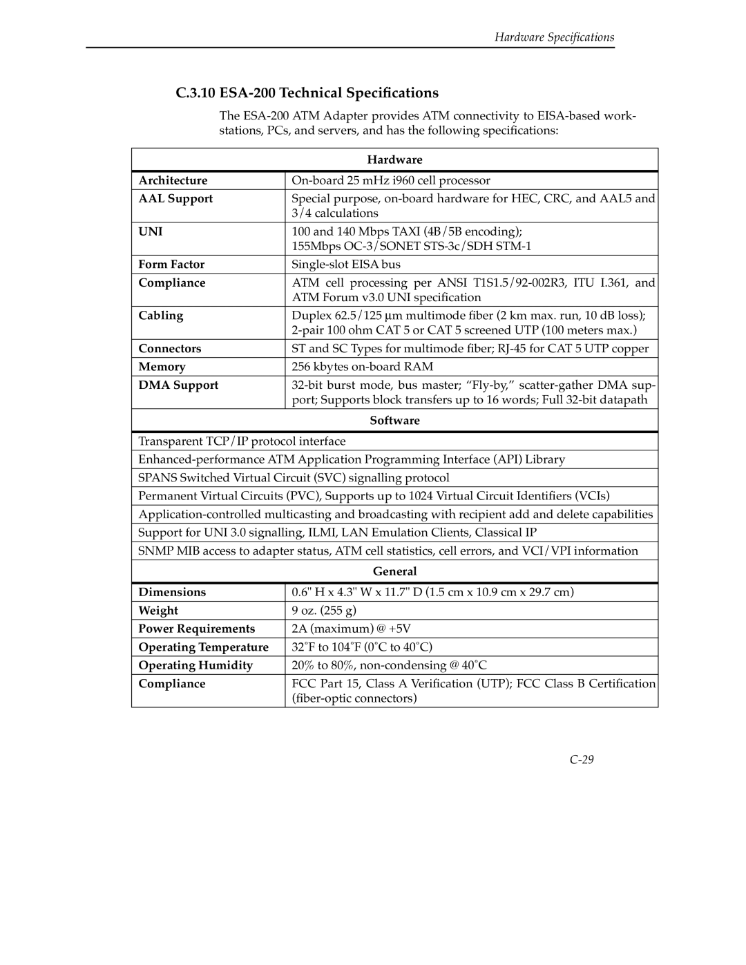 Cabletron Systems 9A000 manual ESA-200 Technical Speciﬁcations 