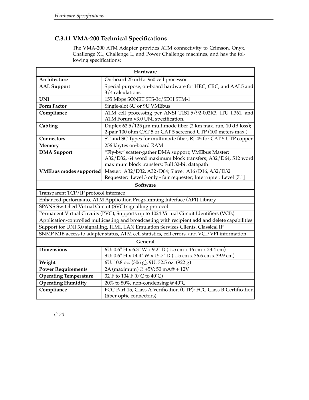 Cabletron Systems 9A000 manual VMA-200 Technical Speciﬁcations, VMEbus modes supported 