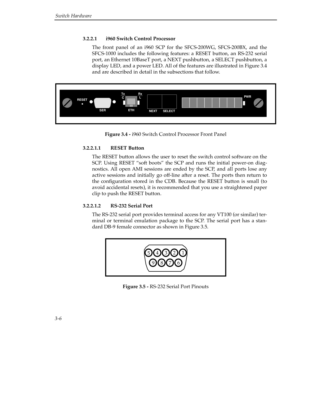 Cabletron Systems 9A000 manual 2.1 i960 Switch Control Processor, Reset Button, 2.1.2 RS-232 Serial Port 