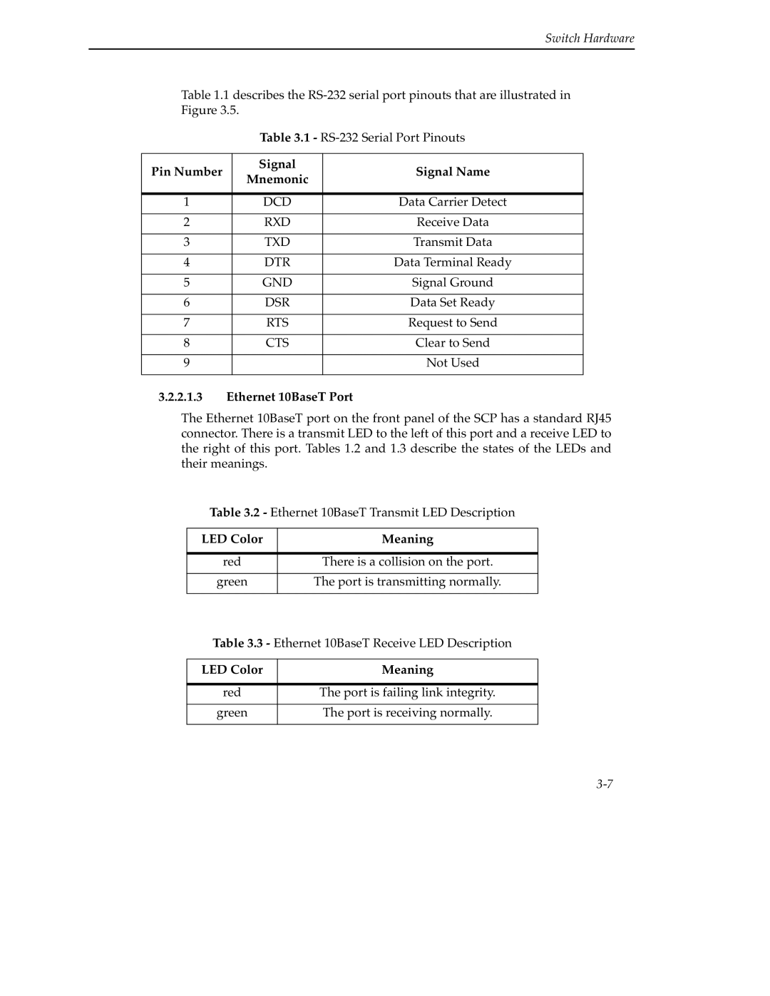 Cabletron Systems 9A000 manual Pin Number Signal Signal Name Mnemonic, Ethernet 10BaseT Port, LED Color Meaning 