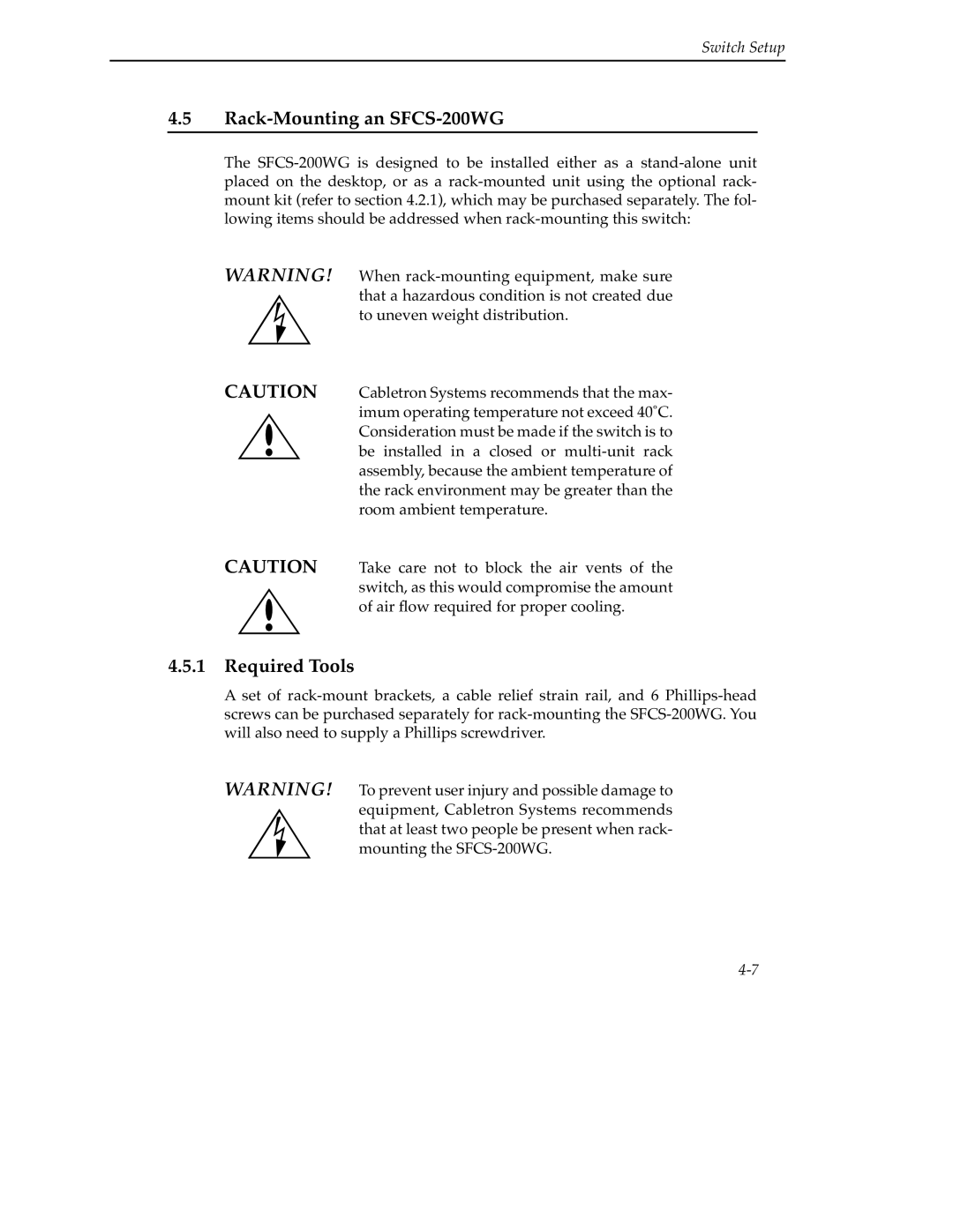 Cabletron Systems 9A000 manual Rack-Mounting an SFCS-200WG, Required Tools 