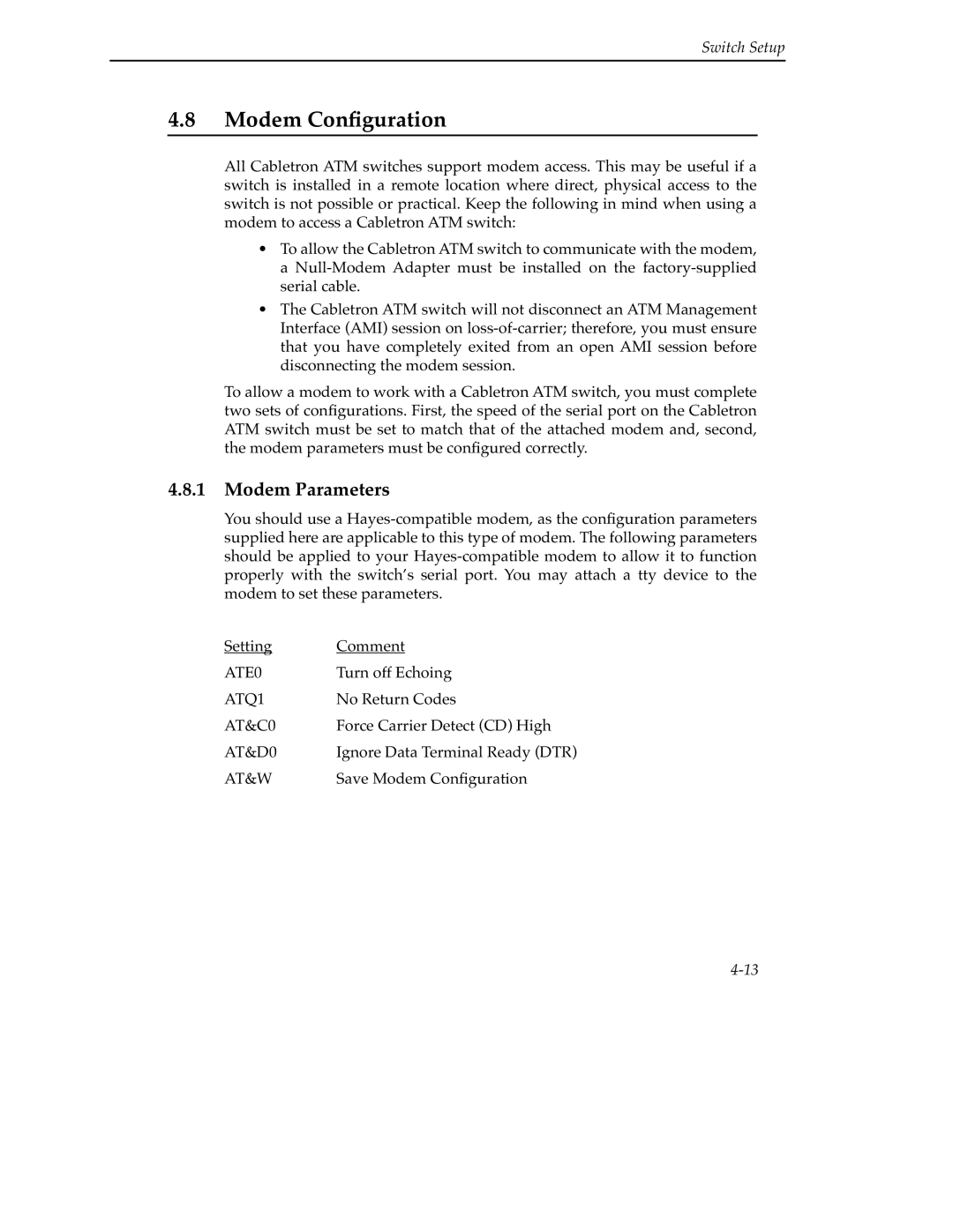 Cabletron Systems 9A000 manual Modem Conﬁguration, Modem Parameters 