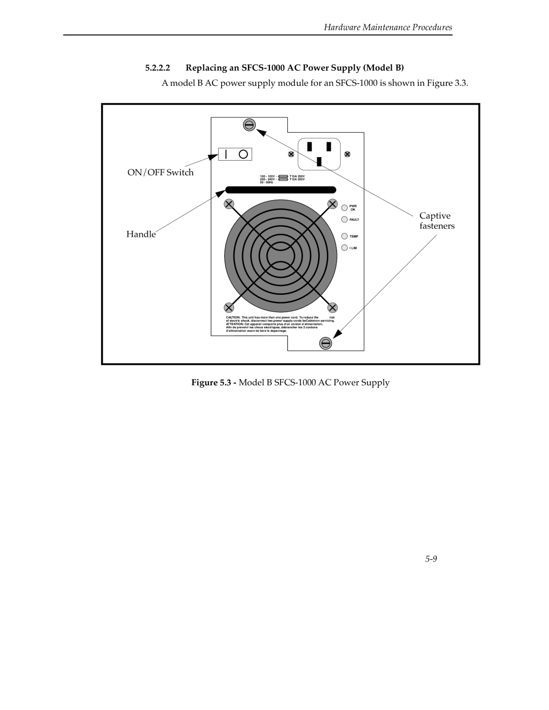 Cabletron Systems 9A000 manual Replacing an SFCS-1000 AC Power Supply Model B, Model B SFCS-1000 AC Power Supply 