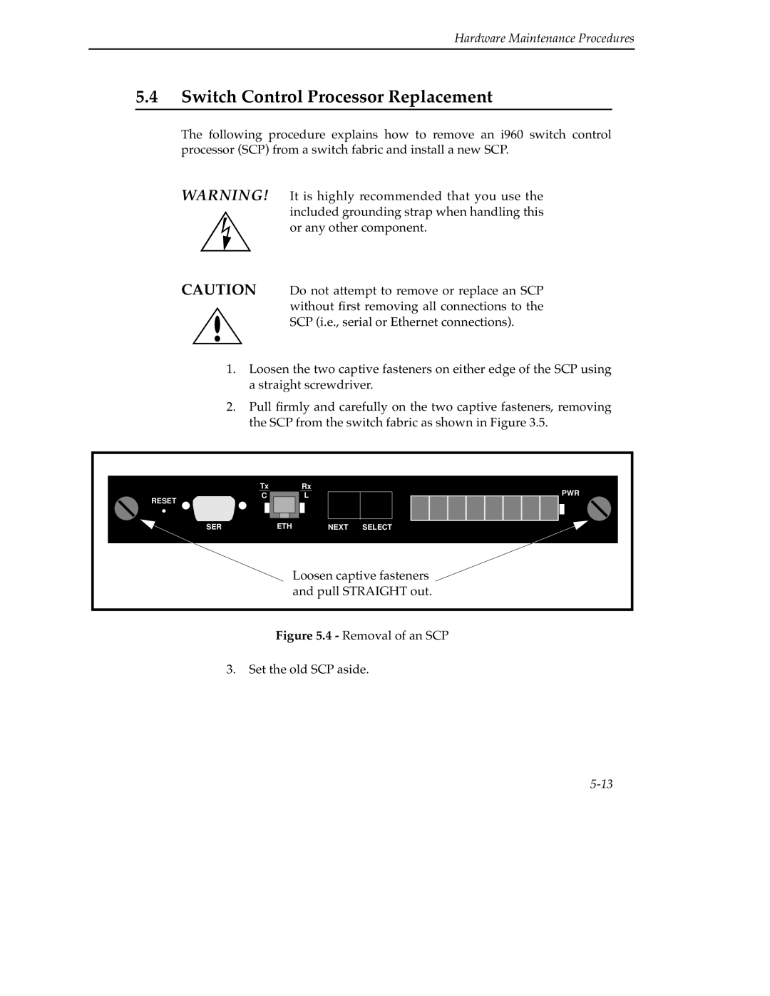 Cabletron Systems 9A000 manual Switch Control Processor Replacement, Removal of an SCP Set the old SCP aside 