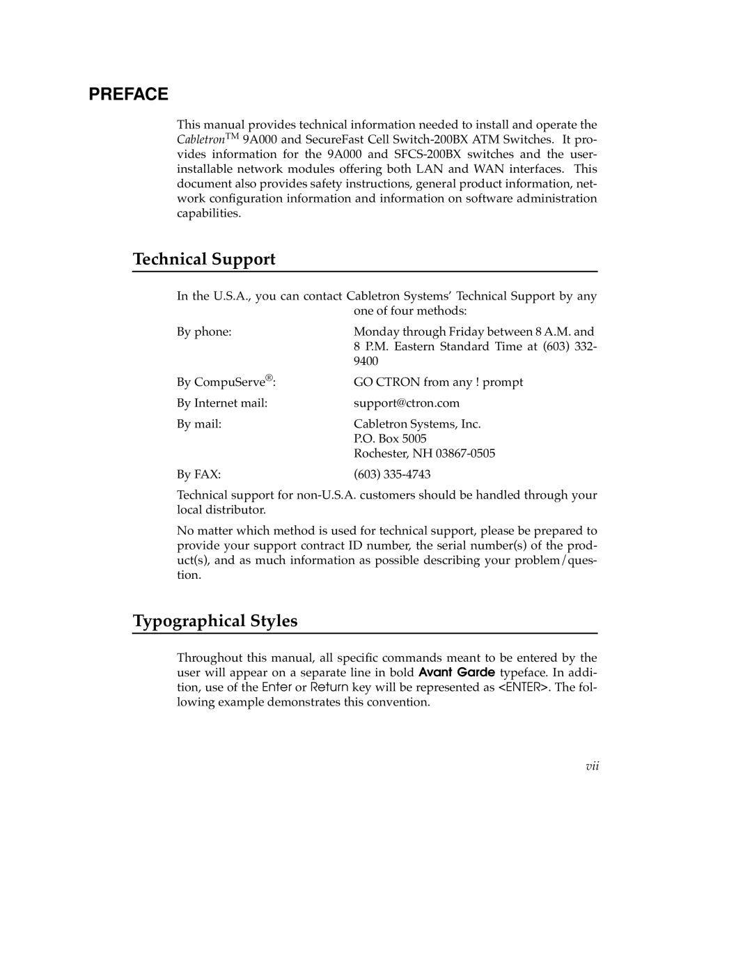 Cabletron Systems 9A000 manual Technical Support, Typographical Styles 