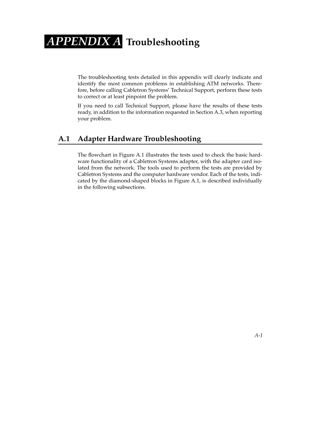 Cabletron Systems 9A000 manual Appendix a, Adapter Hardware Troubleshooting 