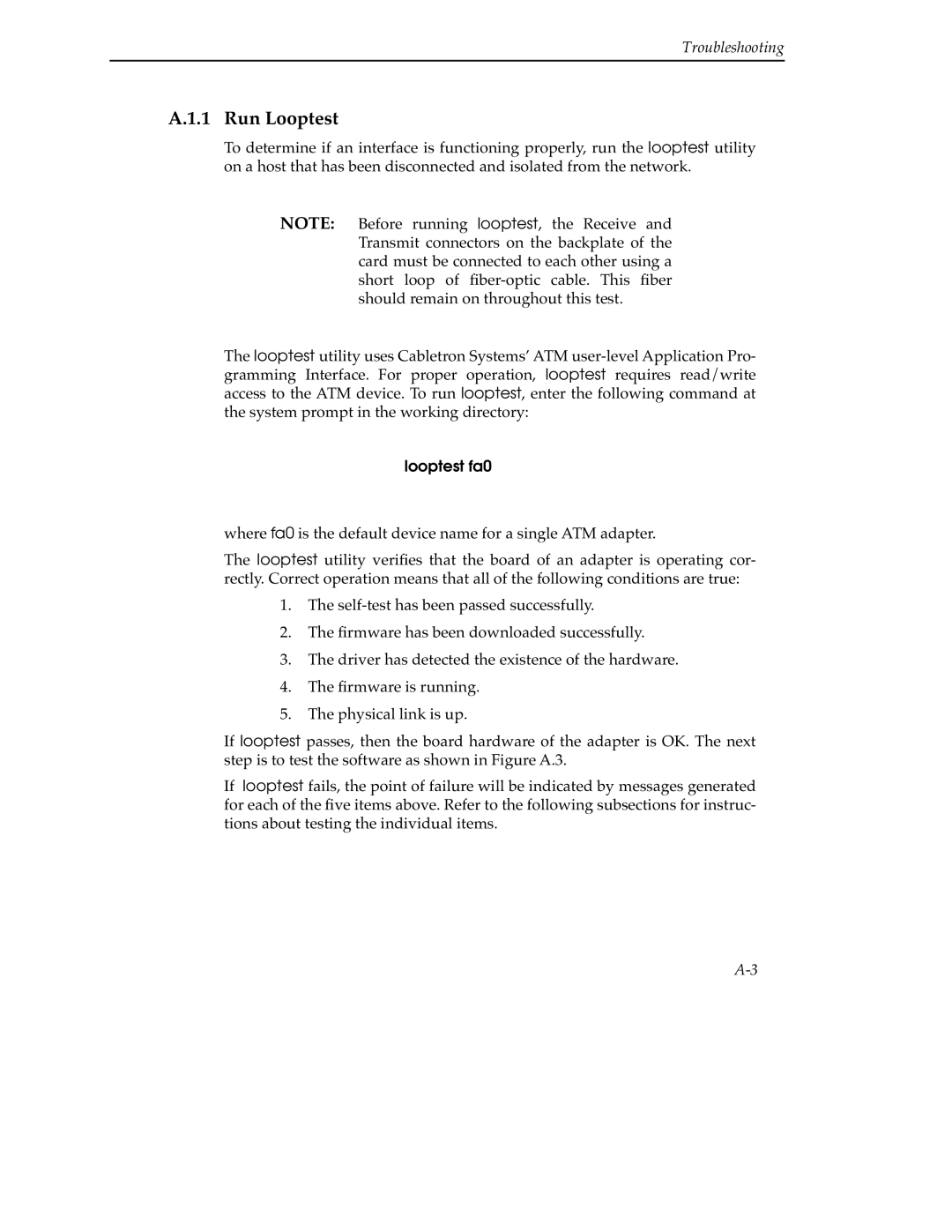 Cabletron Systems 9A000 manual Run Looptest, Looptest fa0 