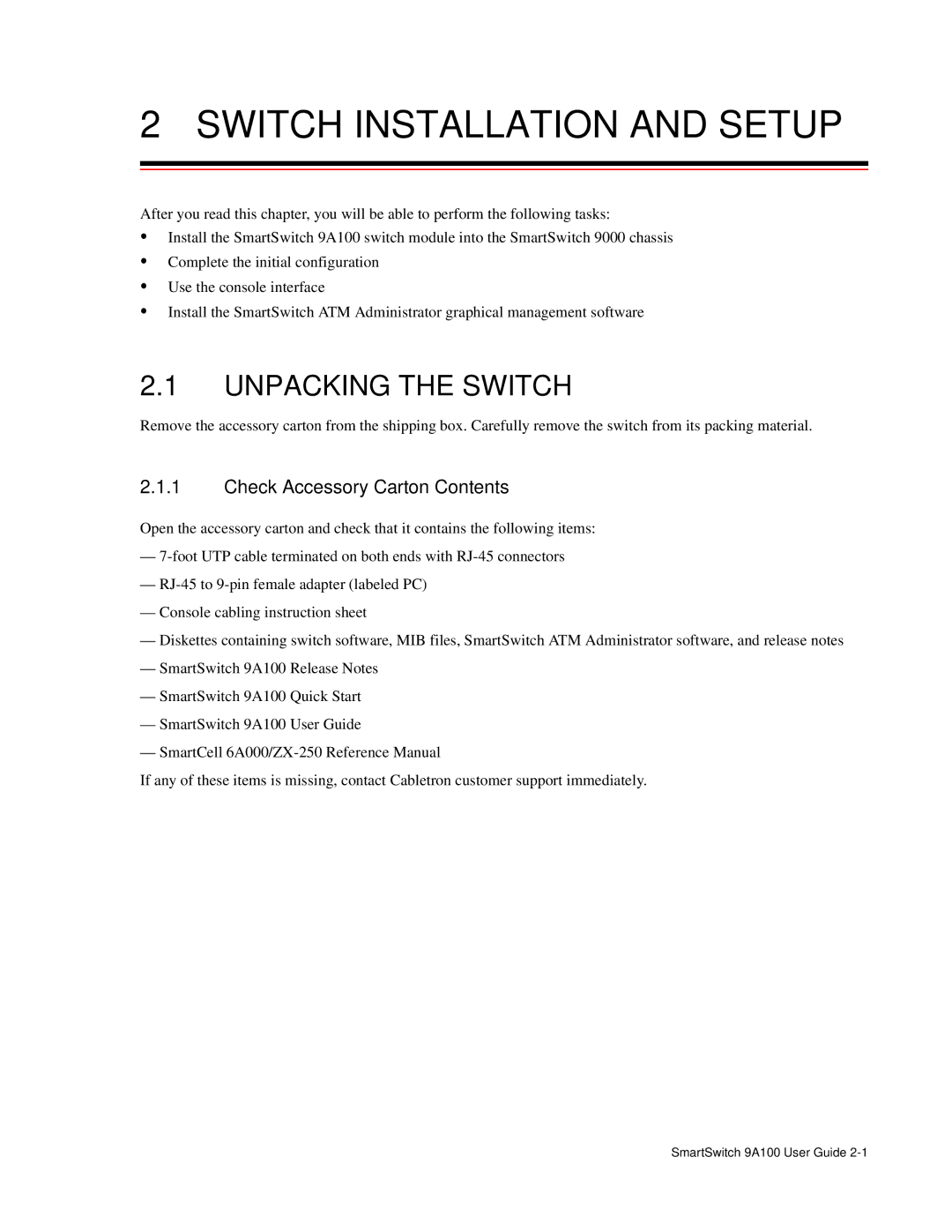 Cabletron Systems 9A100 manual Switch Installation and Setup, Unpacking the Switch, Check Accessory Carton Contents 