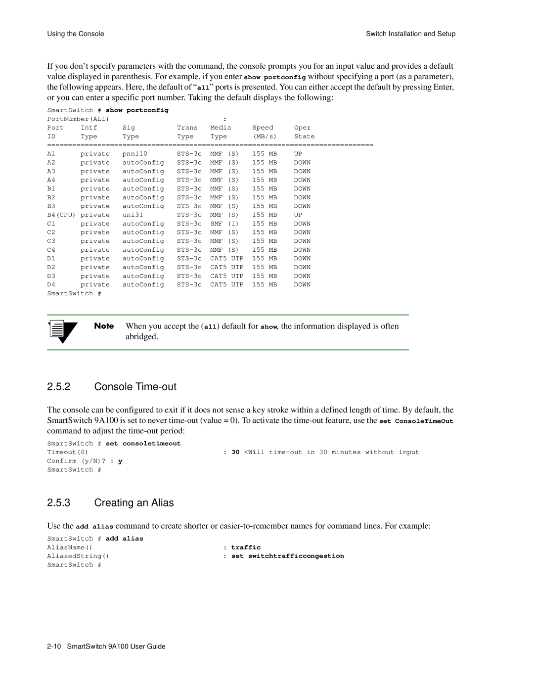 Cabletron Systems 9A100 manual Console Time-out, Creating an Alias, SmartSwitch # set consoletimeout, Traffic 