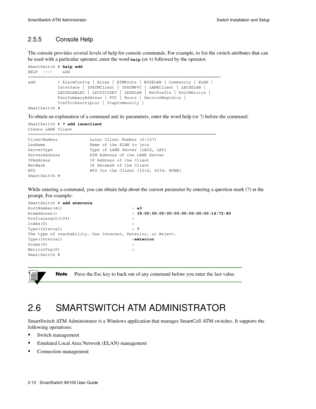 Cabletron Systems 9A100 manual Smartswitch ATM Administrator, Console Help, SmartSwitch # ? add laneclient, Exterior 