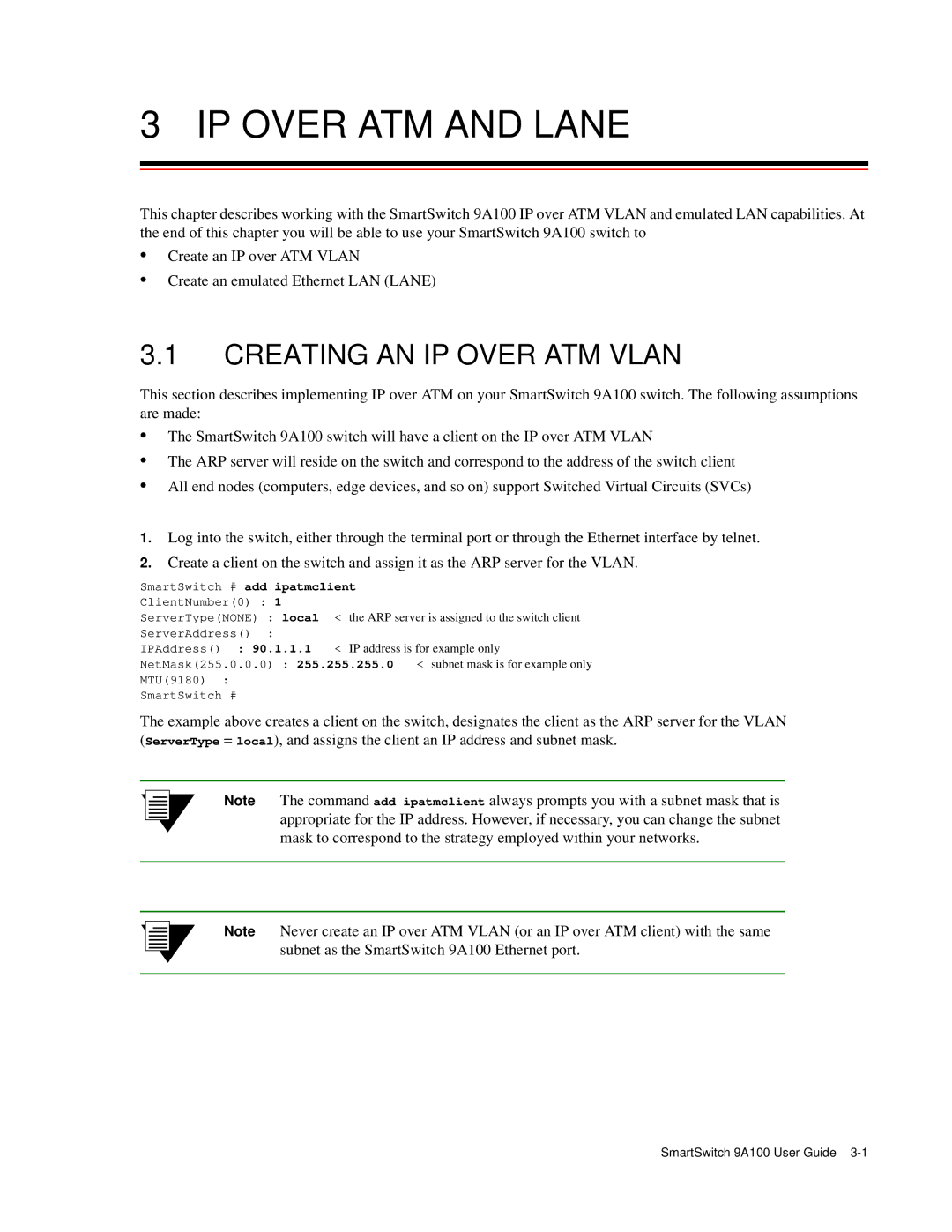 Cabletron Systems 9A100 manual IP Over ATM and Lane, Creating AN IP Over ATM Vlan, SmartSwitch # add ipatmclient 