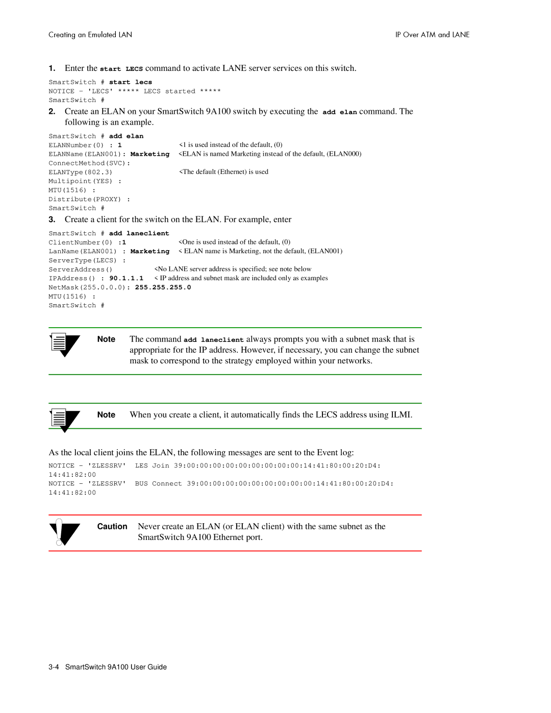 Cabletron Systems 9A100 manual Add Elan, No Lane server address is specified see note below 