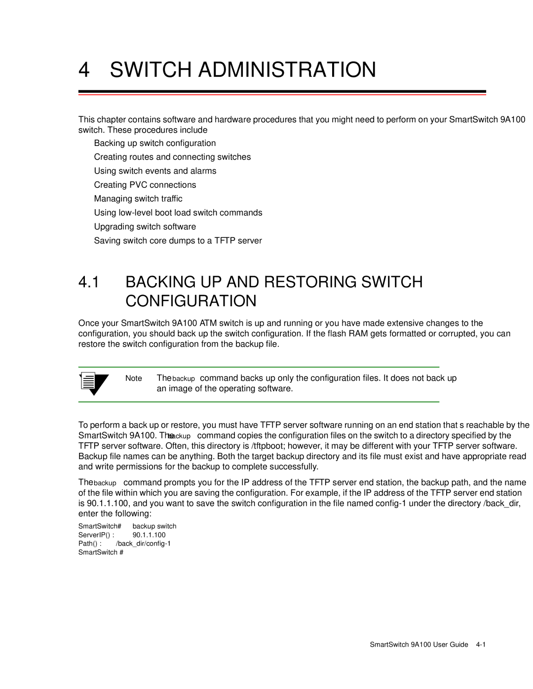 Cabletron Systems 9A100 manual Switch Administration, Backing UP and Restoring Switch Configuration, Path /backdir/config-1 