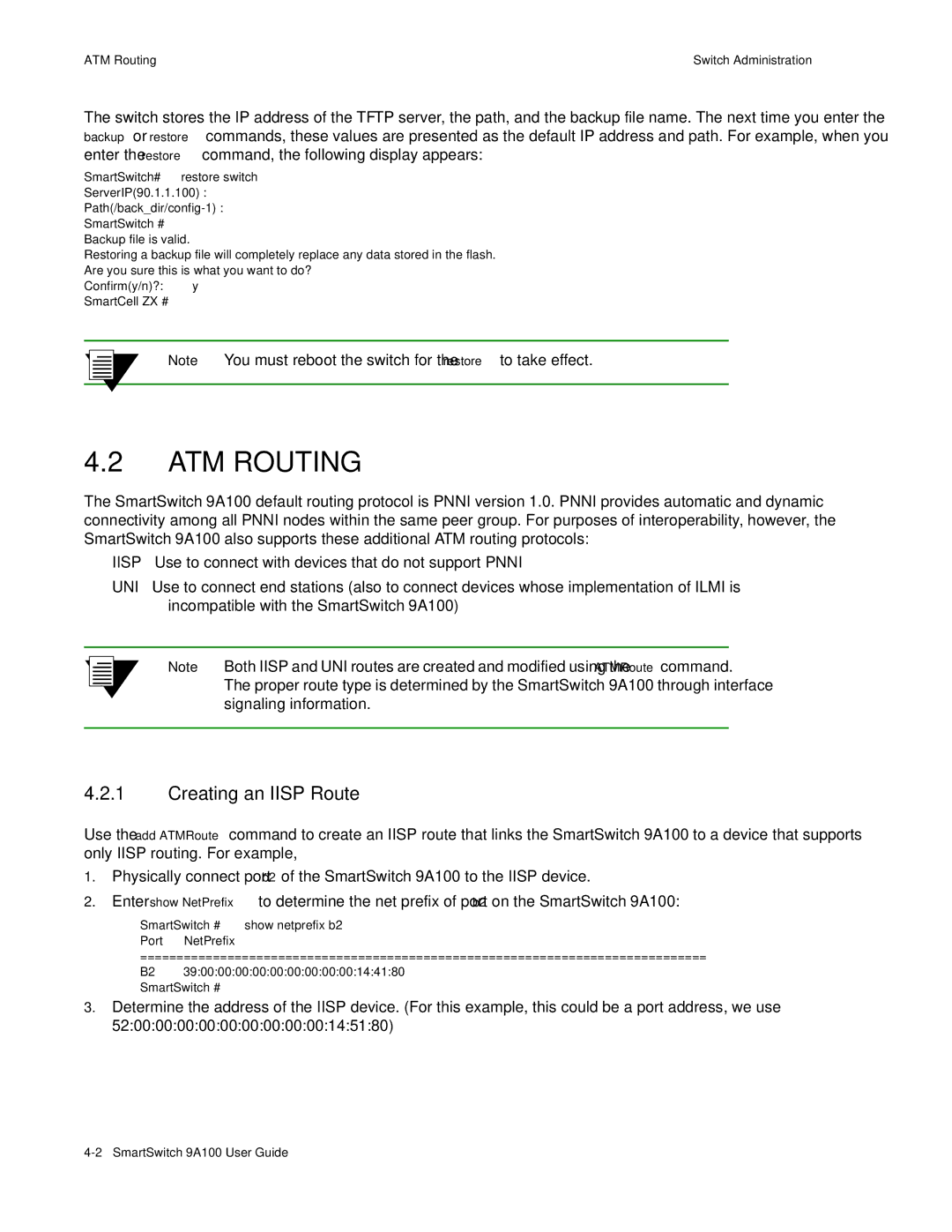 Cabletron Systems 9A100 ATM Routing, Creating an Iisp Route, SmartSwitch# restore switch, SmartSwitch # show netprefix b2 