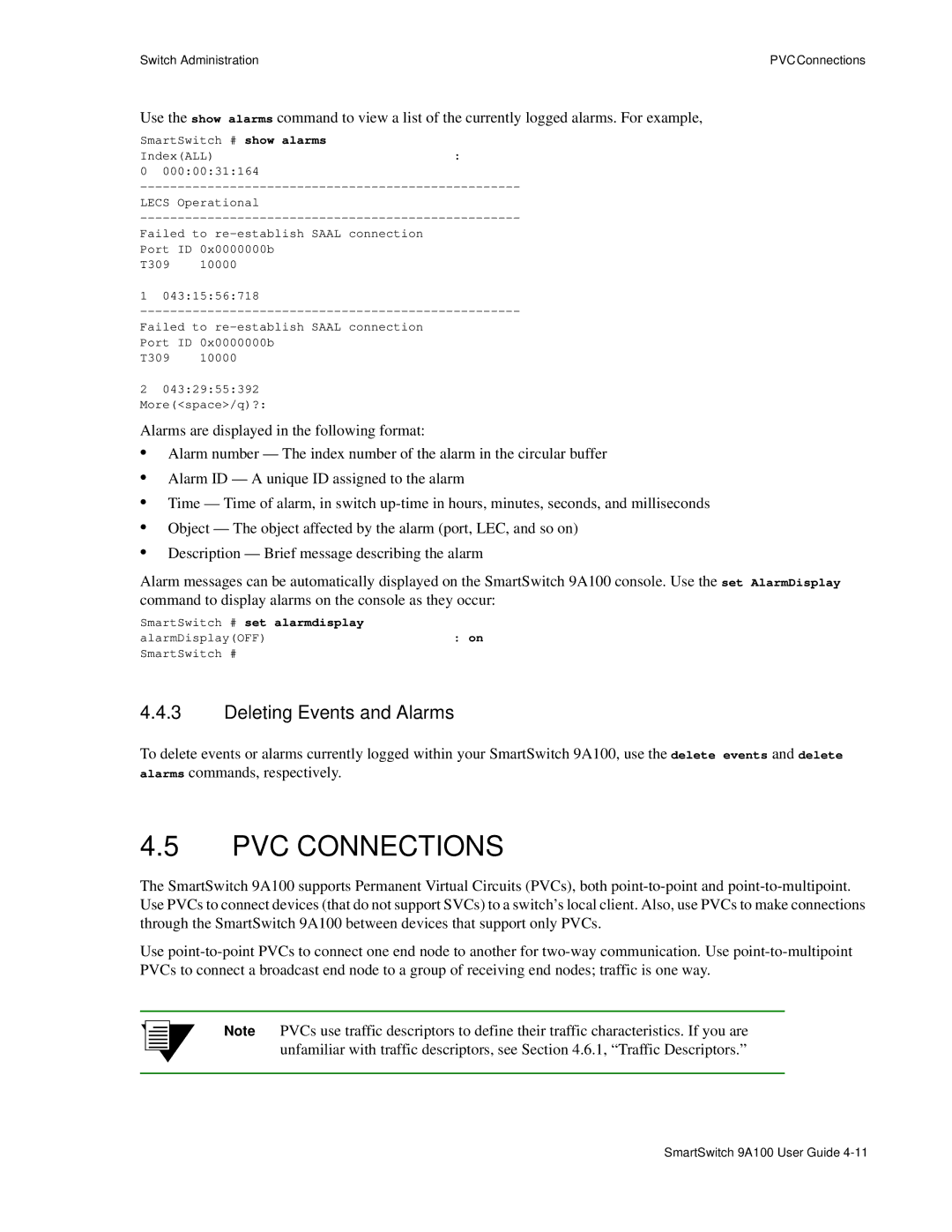 Cabletron Systems 9A100 manual PVC Connections, Deleting Events and Alarms, SmartSwitch # set alarmdisplay 