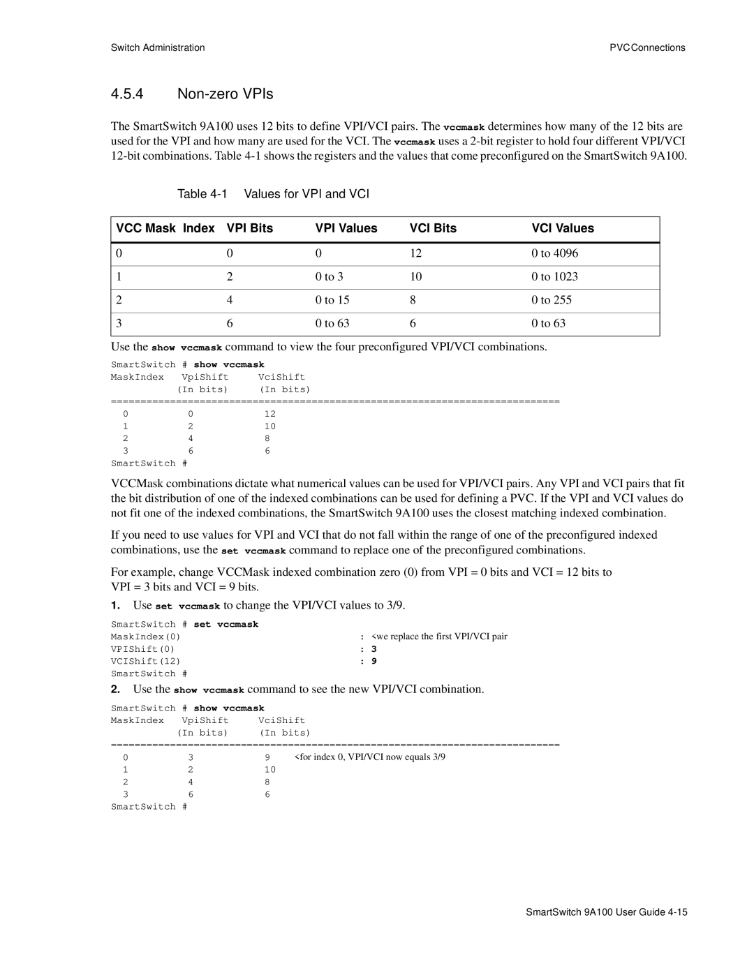 Cabletron Systems 9A100 manual Non-zero VPIs, VCC Mask Index VPI Bits VPI Values VCI Bits VCI Values 